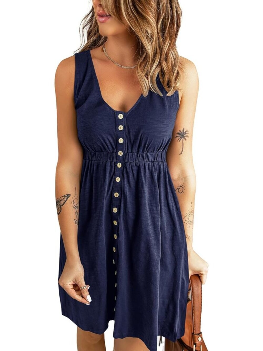 Women's Buttons Navy Spring Clothes Sleeveless Crew neck Mini Flowy Sun Dresses